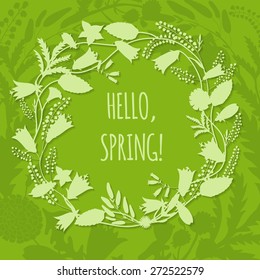 Round frame of wildflowers with shadow for the summer and spring design on floral background. To design invitations for her birthday, wedding, summer and spring design. Vector illustration.