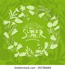 Round frame of wildflowers with shadow for the summer design. Summer hand drawn lettering. Happy Summer.To design invitations for her birthday, wedding, summer design. Vector illustration. 