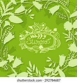 Round frame of wildflowers with shadow for the summer design. Summer hand drawn lettering. Happy Summer.To design invitations for her birthday, wedding, summer design. Vector illustration. 
