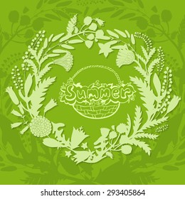 Round frame of wildflowers with shadow for the summer design. Summer hand drawn lettering. Happy Summer.To design invitations for her birthday, wedding, summer design. Vector illustration. 