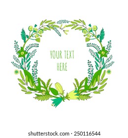 Round frame of wildflowers for the summer and spring design on white background. To design invitations for her birthday, wedding, summer and spring design. Vector illustration.