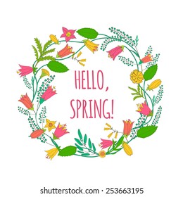Round frame of wildflowers for the summer and spring design on white background. To design invitations for her birthday, wedding, summer and spring design. Vector illustration.