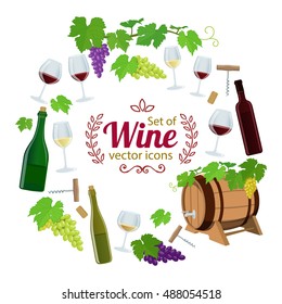 Round frame with wine icons. Colorful cartoon illustration of wine theme for decorations of restaurant or bar menu. Vector.