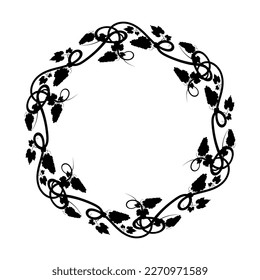 Round frame for wine or juice packaging. Bunch of grapes with leaves and tendrils. Autumn harvest. Advertising label with berry silhouette. Simple flat vector