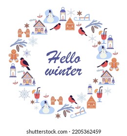 Round frame with winter elements. vector illustration