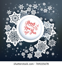 Round frame winter paper cut card. Snowflakes christmas decoration for design banner, ticket, invitation, greetings, leaflet and so on.