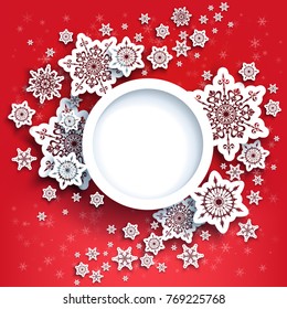 Round frame winter paper cut red card. Snowflakes christmas decoration for design banner, ticket, invitation, greetings, leaflet and so on.