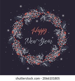 Round frame with winter plants isolated on violet background. For season greeting cards, posters or advertisement. Vintage style. Elegant illustration