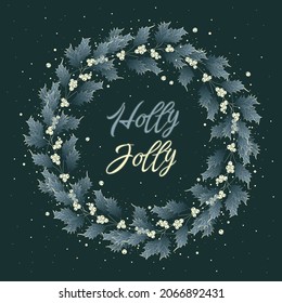 Marco redondo con plantas de invierno aisladas en un fondo verde oscuro. Para tarjetas de felicitación de temporada, afiches o publicidad. Estilo vintage. Ilustración elegante