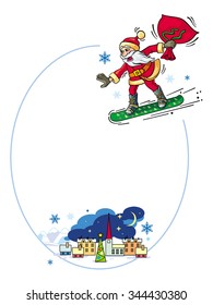 Round frame with winter town landscape and Santa Claus riding snowboard