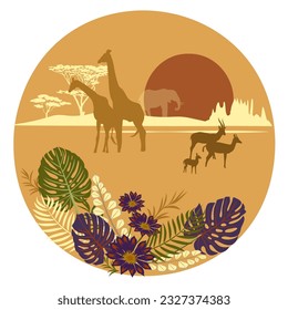 Round frame wirh african flowers, leaves and animals  silhouettes. Vector illustration