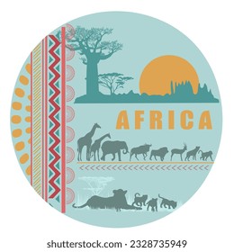 Round frame wirh african patterns, landscape and animals  silhouettes. Vector illustration