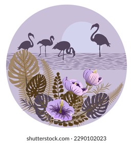 Round frame wirh tropical flowersl and flamingo birds silhouettes. Vector illustration