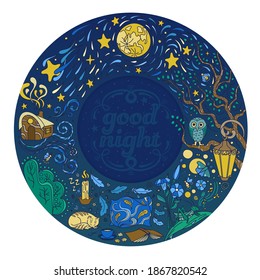 Round frame with wishes of good night. Hand drawn vector illustration. Doodle style.