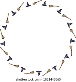 Round frame with witch hat and broom for Halloween. Vector image.