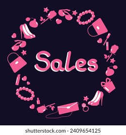 Round frame of a woman's favorite things: jewelry, lipstick, bag, perfume, nail polish, sunglasses on a black background. Vector illustration for shop window, packaging design, poster.