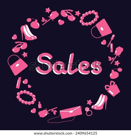 Round frame of a woman's favorite things: jewelry, lipstick, bag, perfume, nail polish, sunglasses on a black background. Vector illustration for shop window, packaging design, poster.