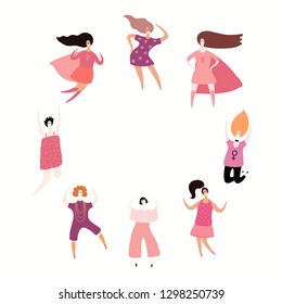 Round frame with women dancing, jumping, superheroes. Isolated objects on white. Hand drawn vector illustration. Flat style design. Concept, element for feminism, girl power, womens day card, poster.