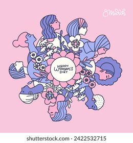 Round frame with women dancing, jumping, superheroes. Isolated objects on white. Hand drawn vector illustration. Flat style design. Concept, element for feminism, girl power, womens day card, poster.