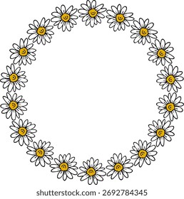 Round frame with wondrous chamomile on white background. Vector image.