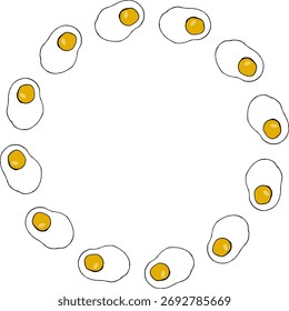 Round frame with wondrous fried egg on white background. Vector image.