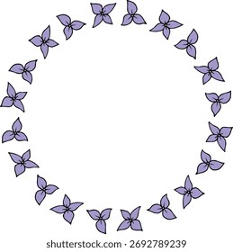 Round frame with wondrous violet flowers on white background. Vector image.