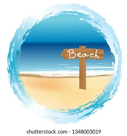 Round frame with wooden sign on the beach