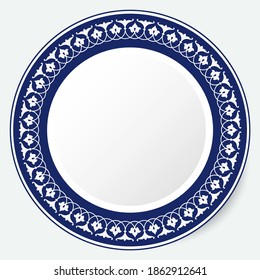 Round Frame, workpiece for your design. Ornamental elements and motifs of Uzbek, Tajik national Asian decor for plate, textile and print design. Circle frame. Vector. 
