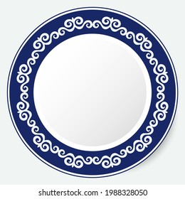 Marco redondo, pieza trabajada para su diseño. Elementos ornamentales y motivos de decoración kazaja, kirguisa, uzbeka y asiática nacional para el diseño de placas, textiles e impresos. Marco circular. Vector. 