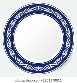 Round Frame, workpiece for your design. Ornamental elements and motifs of Kazakh, Kyrgyz, Uzbek, national Asian decor for plate, textile and print design. Circle frame. Vector. 