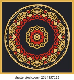 Round Frame, workpiece for your design. Ornamental elements and motifs of Kazakh, Kyrgyz, Uzbek, national Asian decor for plate, textile and print design. Circle frame. Vector.