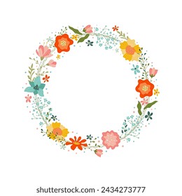 Round frame wreath of delicate spring flowers on a white background with copy space.Hello spring.Vector stock illustration.