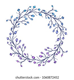 Round frame or wreath with doodle flowers, or berries, or grass. Colored vector illustration isolated on white background