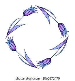 Round frame or wreath with doodle flowers and grass. Colored vector illustration isolated on white background