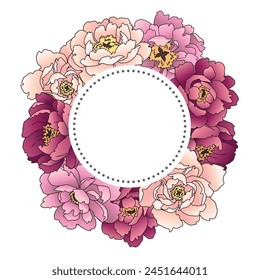 round frame wreath with drawn vector bright peonies