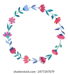 Round frame or wreath with fantasy flowers. Summer floral design. Great for greeting card, posters, blog decorating. Hand drawn vector illustration isolated on white.	