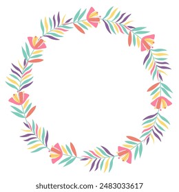 Round frame or wreath with fantasy tropical flowers. Summer floral design. Great for greeting card, posters, blog decorating. Hand drawn vector illustration isolated on white.