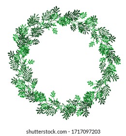 Round frame, a wreath of green decorative branches. Background for greeting cards, invitations.