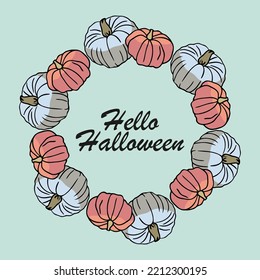 Round frame, wreath with individual pumpkins. Blue and orange pumpkins on a light blue background in doodle style with the words "Hello Halloween". For postcards, banners, and coloring.