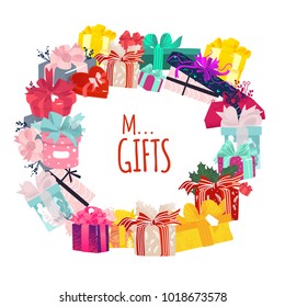 Round frame, wreath made of Christmas, birthday gift, present boxes with place for text, flat vector illustration isolated on white background. Round frame of Christmas, birthday gifts, presents