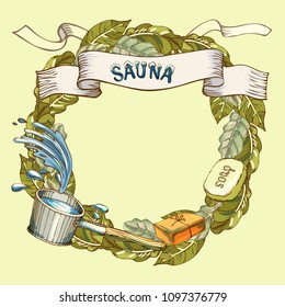 Round frame, wreath of oak leaves and bath accessories on neutral background. Place for your text. Vector illustration in sketch style.