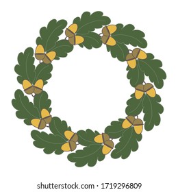 Round frame, a wreath of oak leaves on a white background, decoration for an invitation or greeting card. Vector image. Illustration for printing on clothing, mugs.