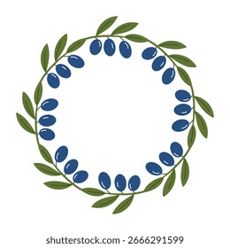 Marco redondo, corona de ramas de olivo sobre un fondo blanco. Tema mediterráneo.