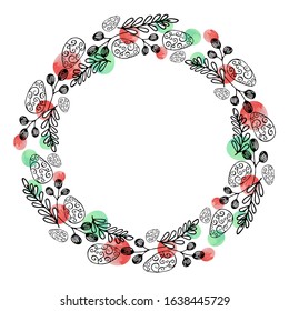 round frame, wreath with an ornament of Easter eggs, leaves and branches. Drawn in ink in the style of doodle, zenart, decorated with watercolor stains of turquoise and pink