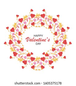 Round frame, wreath, postcard. Valentine's day with gifts. Red, pink hearts. Heart shaped balloons with yellow bows. Vector illustration isolated on a white background.