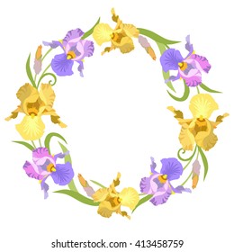 Round frame, wreath of purple and yellow iris