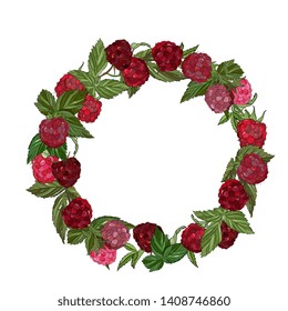 round frame, a wreath of Raspberry berries with leaves.  realistic drawing. Organic healthy food sketch. Hand drawn packaging, fruit banner, poster, label Isolated illustration on white 