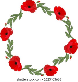 Round frame, wreath of red colors of poppies, flowers isolated on white background. Vector illustration, hand drawn.