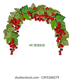 round frame, a wreath of red currant berries with leaves.  realistic drawing. Organic healthy food sketch. Hand drawn packaging, fruit banner, poster, label Isolated illustration on white 