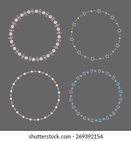 Round frame wreath set Daisy flower, star, leaf, dot element Flat design Vector illustration